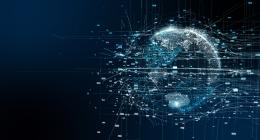 Digital representation of a globe with data emerging from different regions