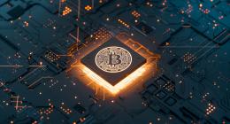 Tile lifting from a circuitboard lit from below with the Bictoin logo 