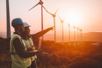 People working by windmills 