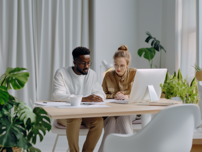 Colleagues working in office with plants