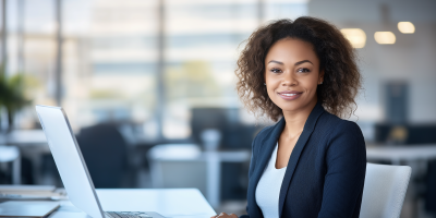 Woman in front of computer looking at camera